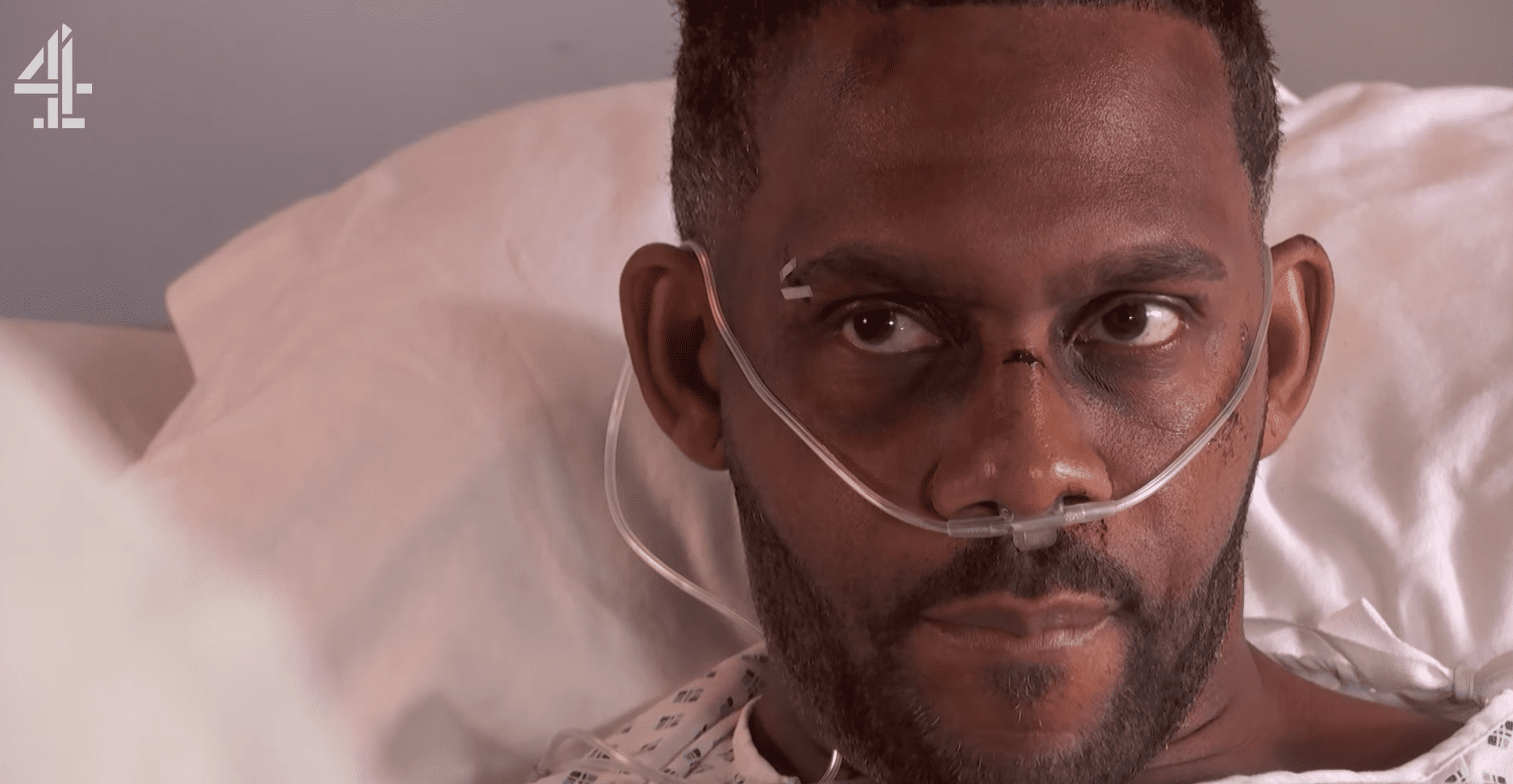Felix in Hollyoaks in hospital battered and bruised