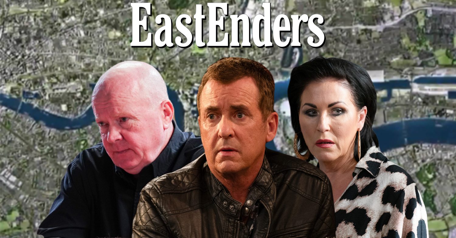 EastEnders' Phil, Alfie, Kat, the EastEnders logo and background of the Thames