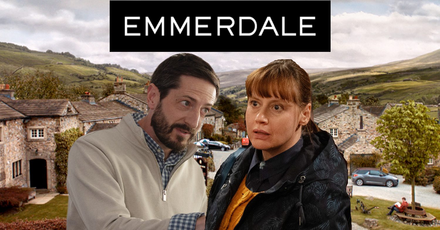 Emmerdale's Craig, Lydia, the Emmerdale logo and background of the Dales