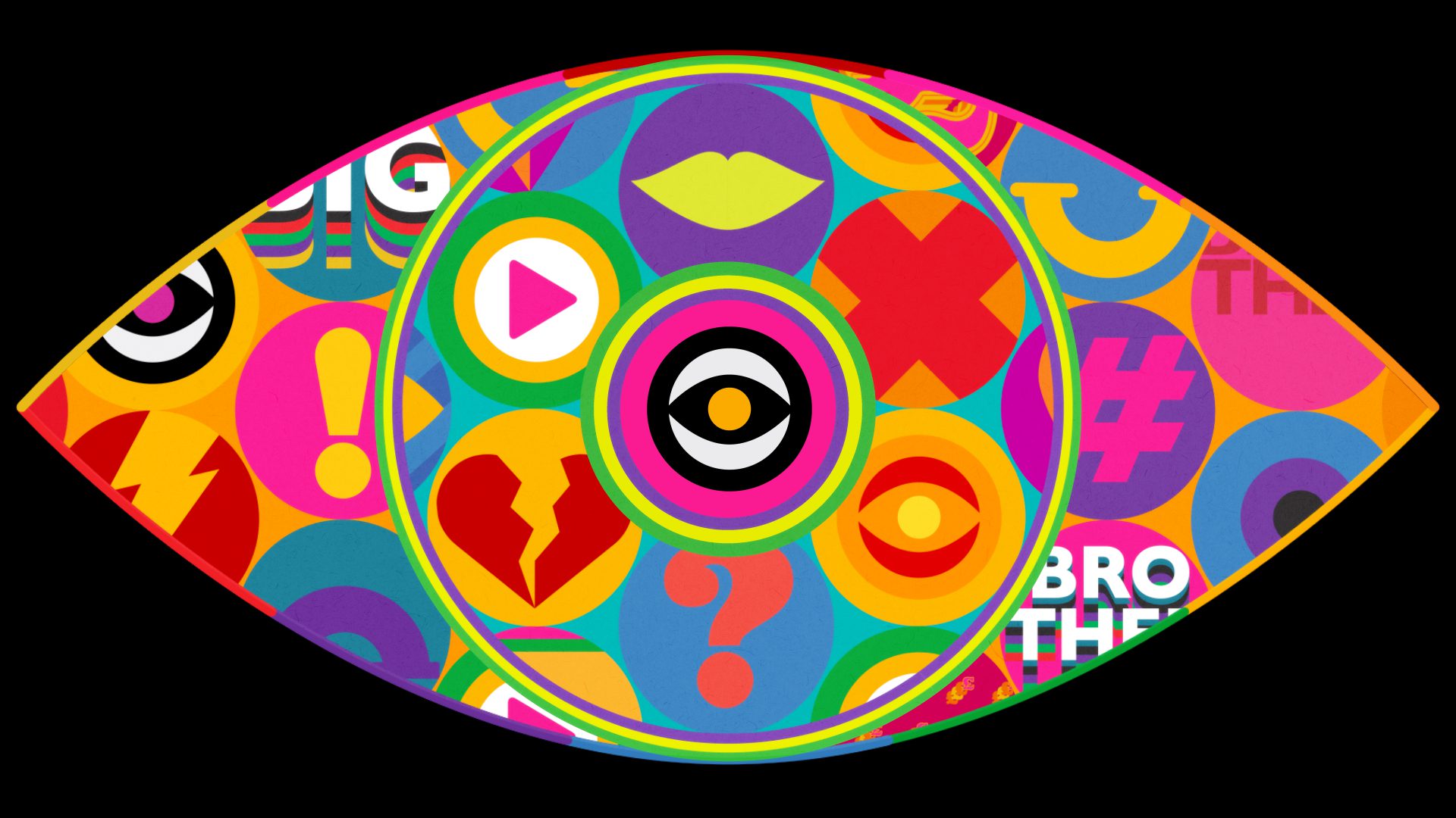 Big Brother logo of a colourful eye on a black background