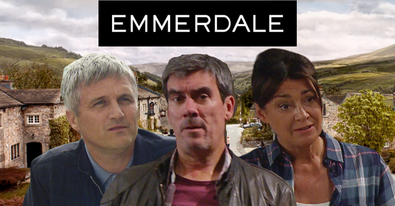 Emmerdale's Caleb, Cain, Moira, the Emmerdale logo and background of the Dales
