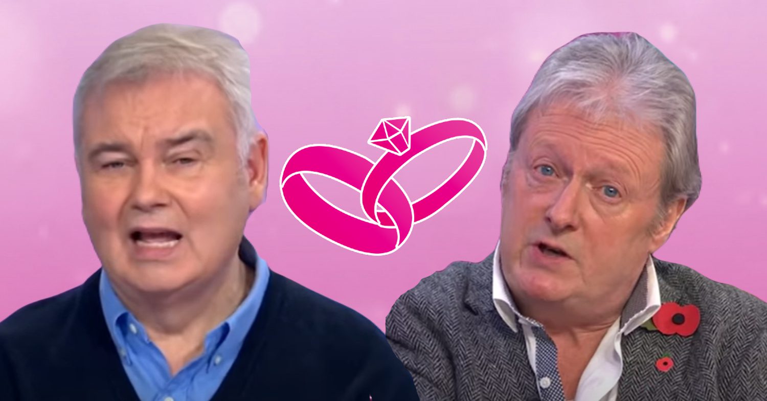 Eamonn Holmes, Charlie Lawson, a pink background a pink wedding rings