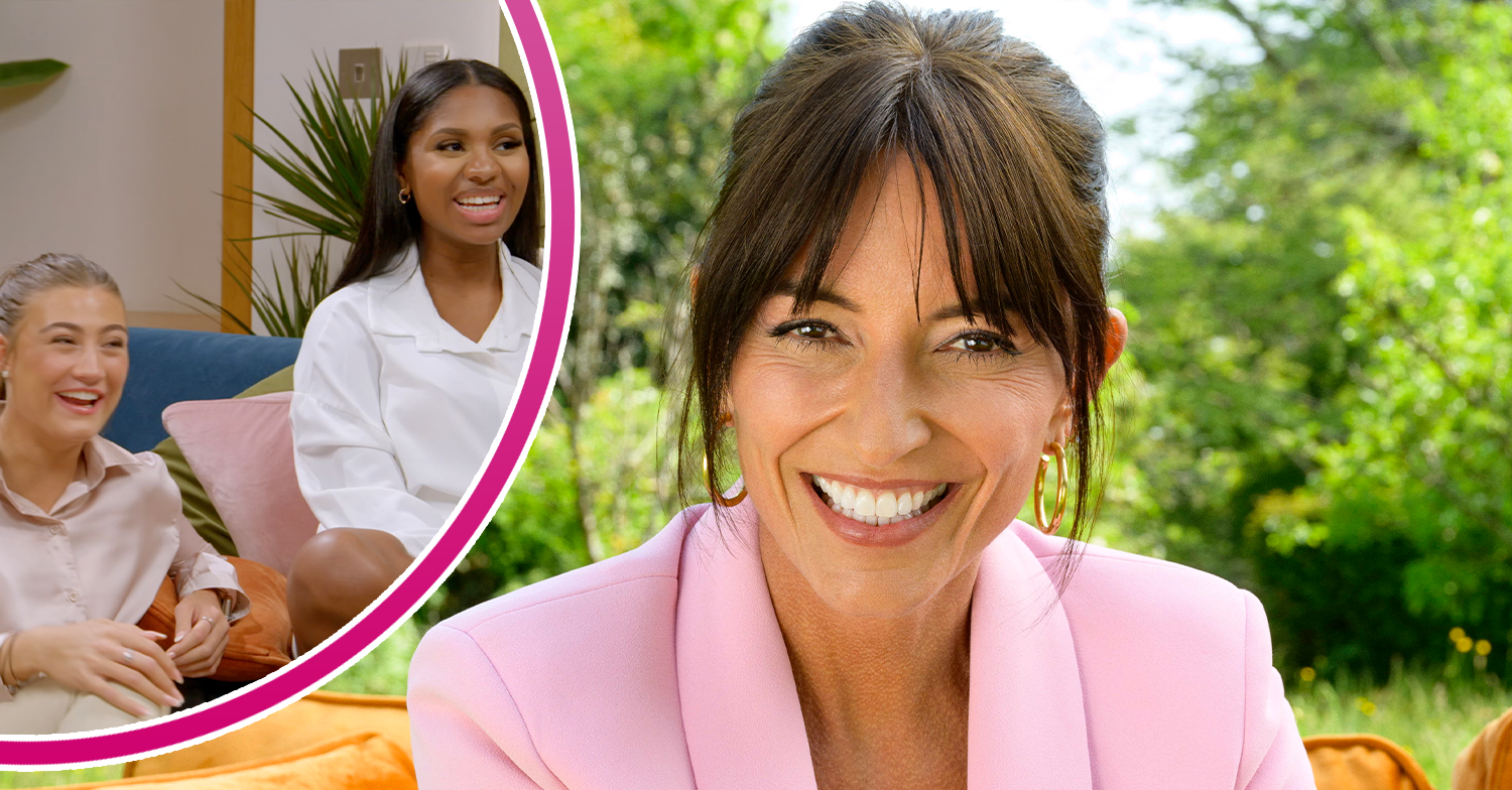 Davina McCall smiling and the cast of My Mum Your Dad