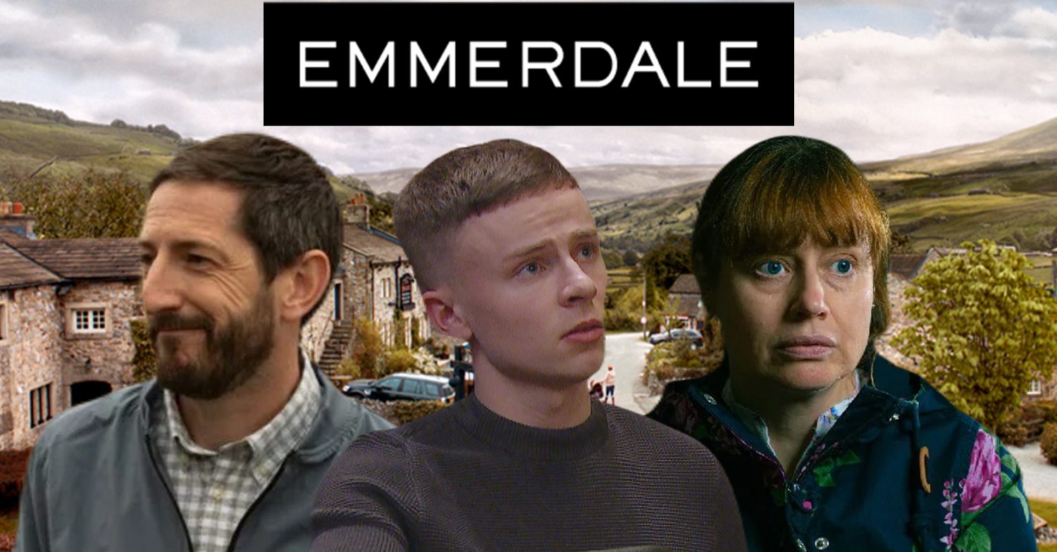 Emmerdale's Craig, Samson, Lydia, the Emmerdale logo and background of the Dales