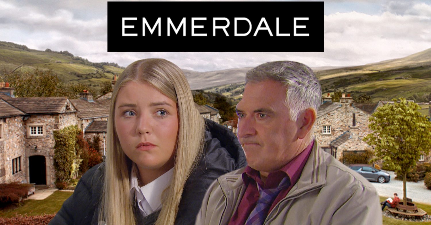 Emmerdale's Cathy, Bob, the Emmerdale logo and background of the Dales