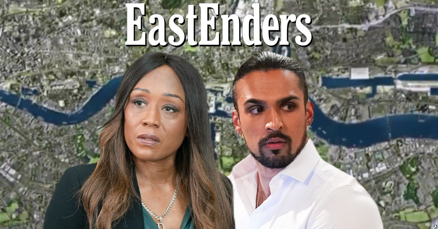 EastEnders' Denise, Ravi, the EastEnders logo and background of the Thames