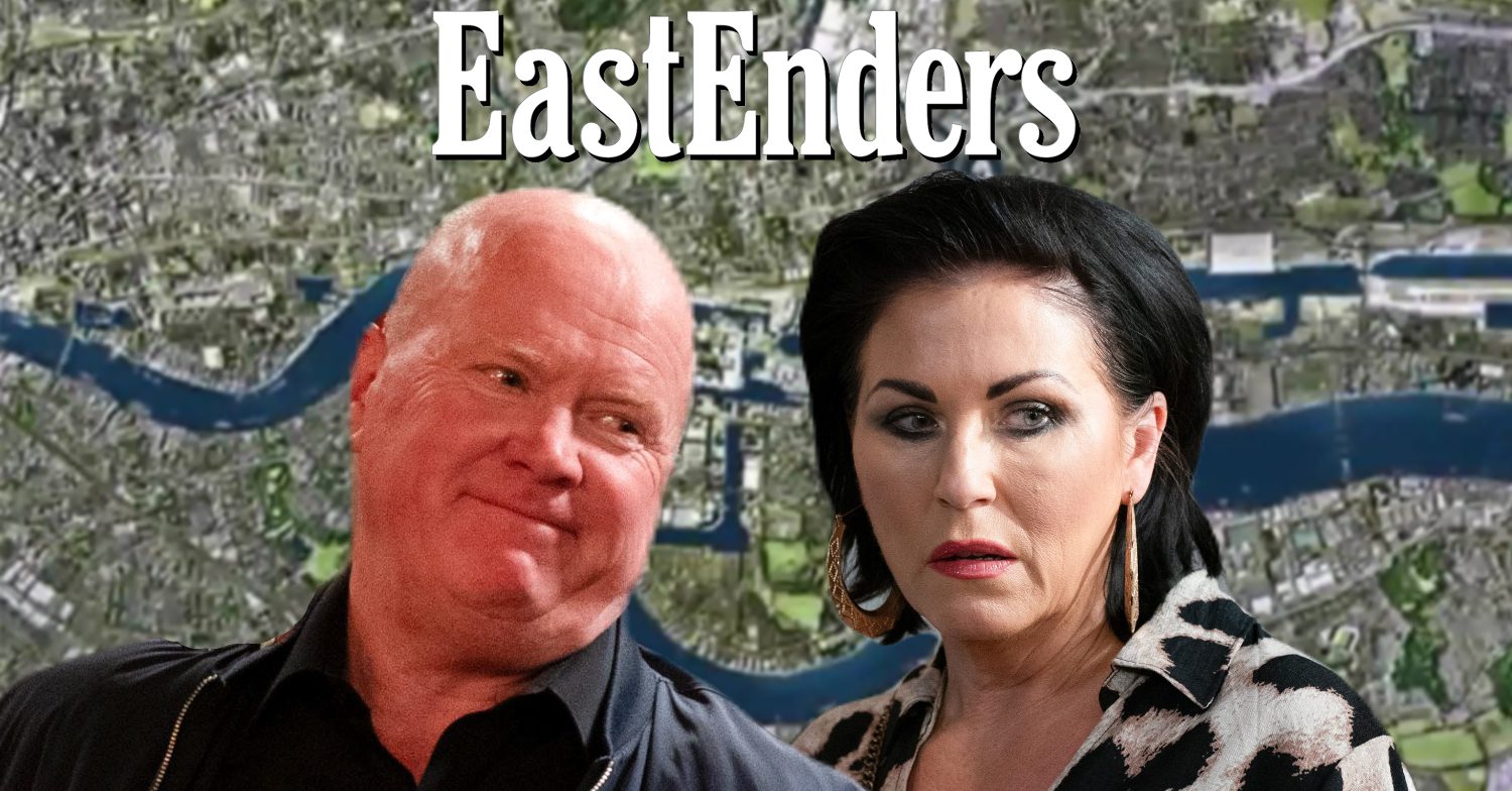 EastEnders' Phil, Kat, the EastEnders logo and background of the Thames