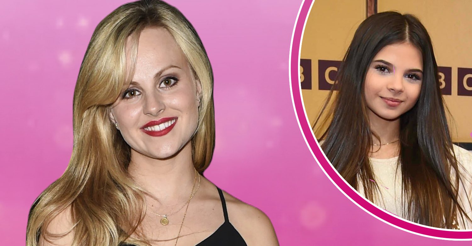 Coronation Street's Tina O'Brien, a pink background, and in a bubble, Scarlett Thomas