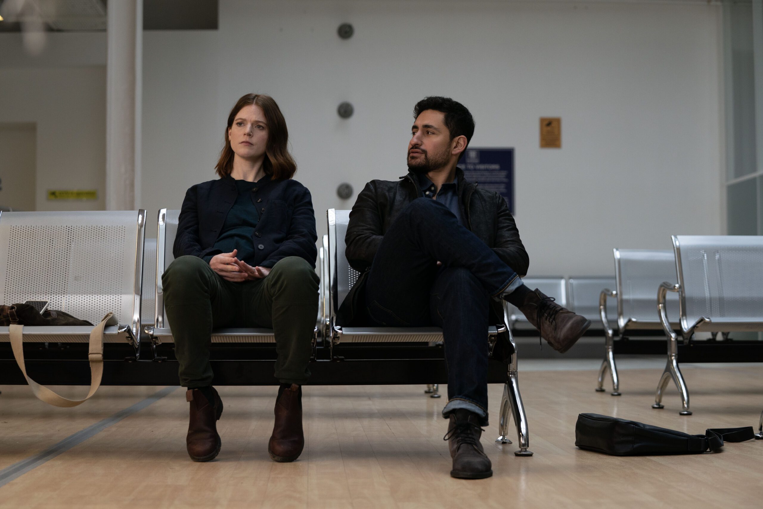 Rose Leslie and her Vigil co star sitting in an airport