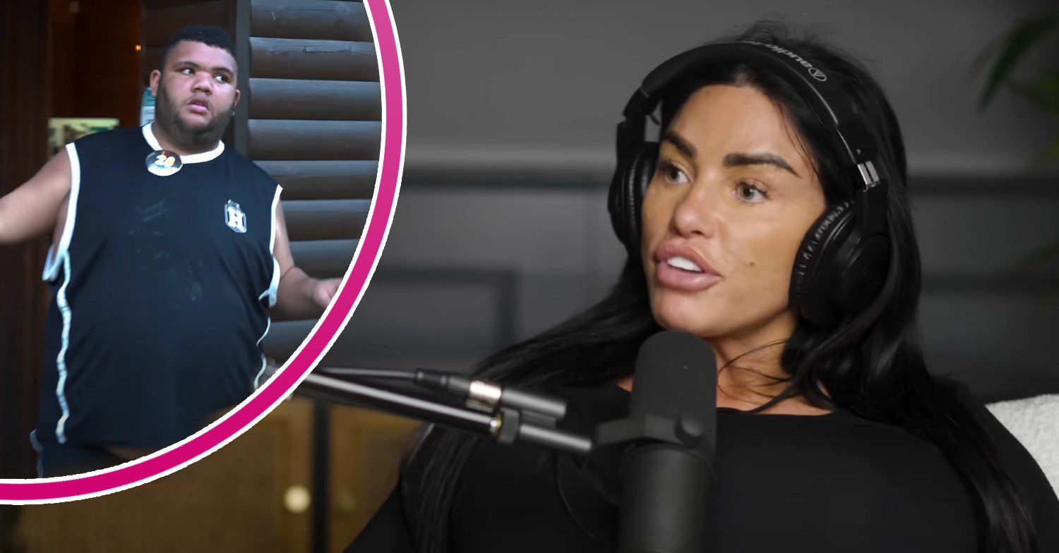 Katie Price talking into a microphone for a podcast and a photo of her son Harvey