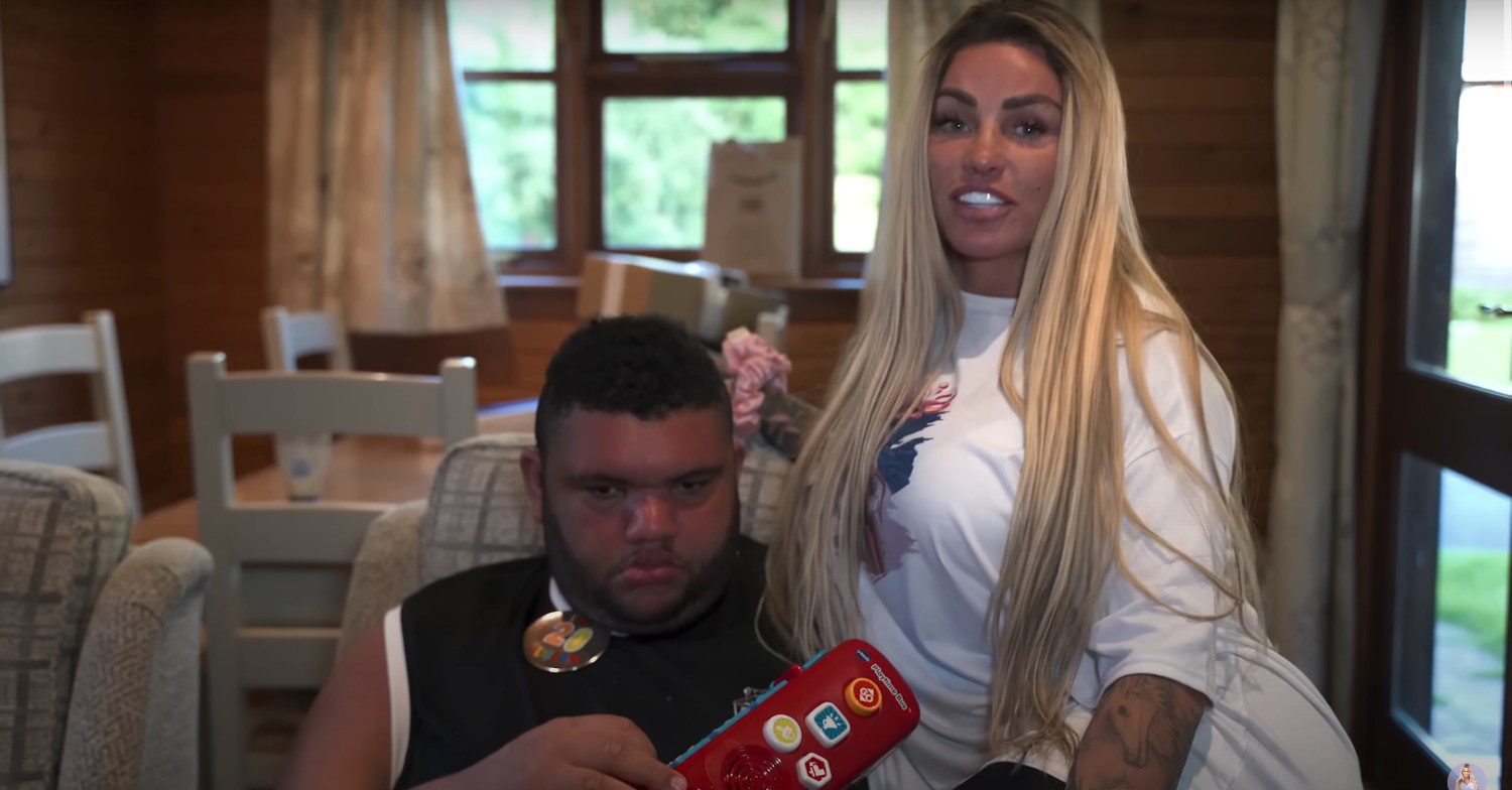 Former glamour model Katie Price sat next to her son Harvey on an armchair 