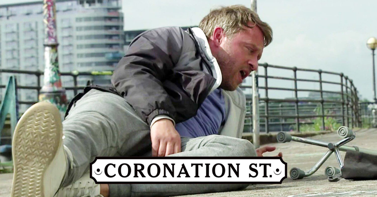 Paul lying in the street looking pained and scared, with Coronation Street logo (Credit: ITV/Composite: ED!)