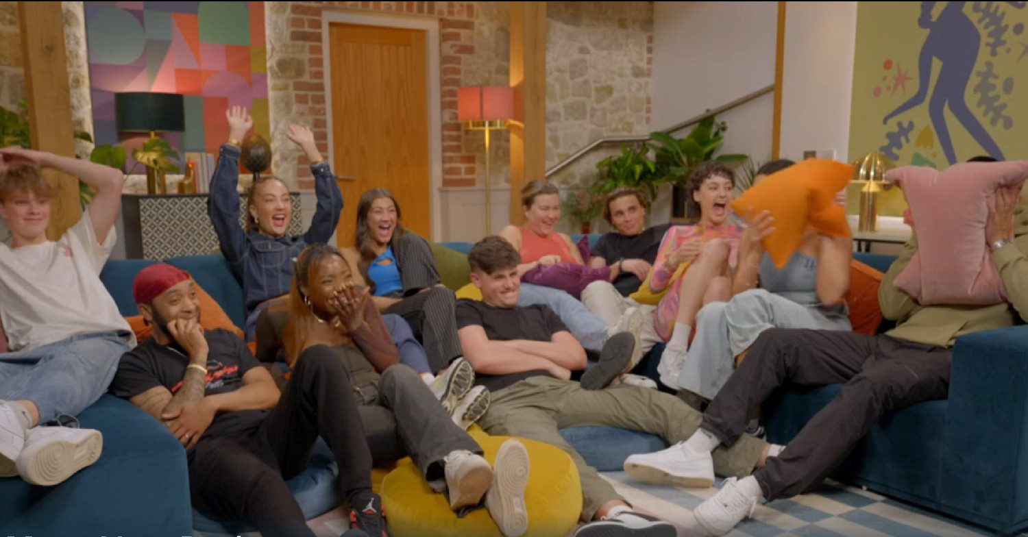 Teenagers sat down, wincing at the TV screen on the ITV show My Mum Your Dad