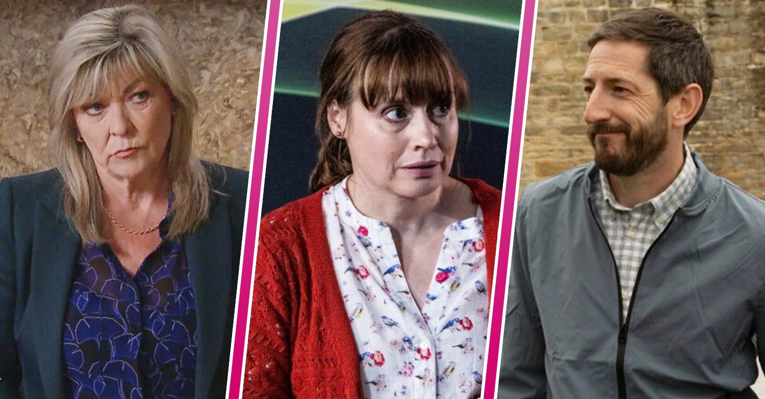 Composite of Kim Lydia and Craig on Emmerdale; Kim looks intense, Lydia worried, Craig smug (Credit: ITV/Composite: ED!)