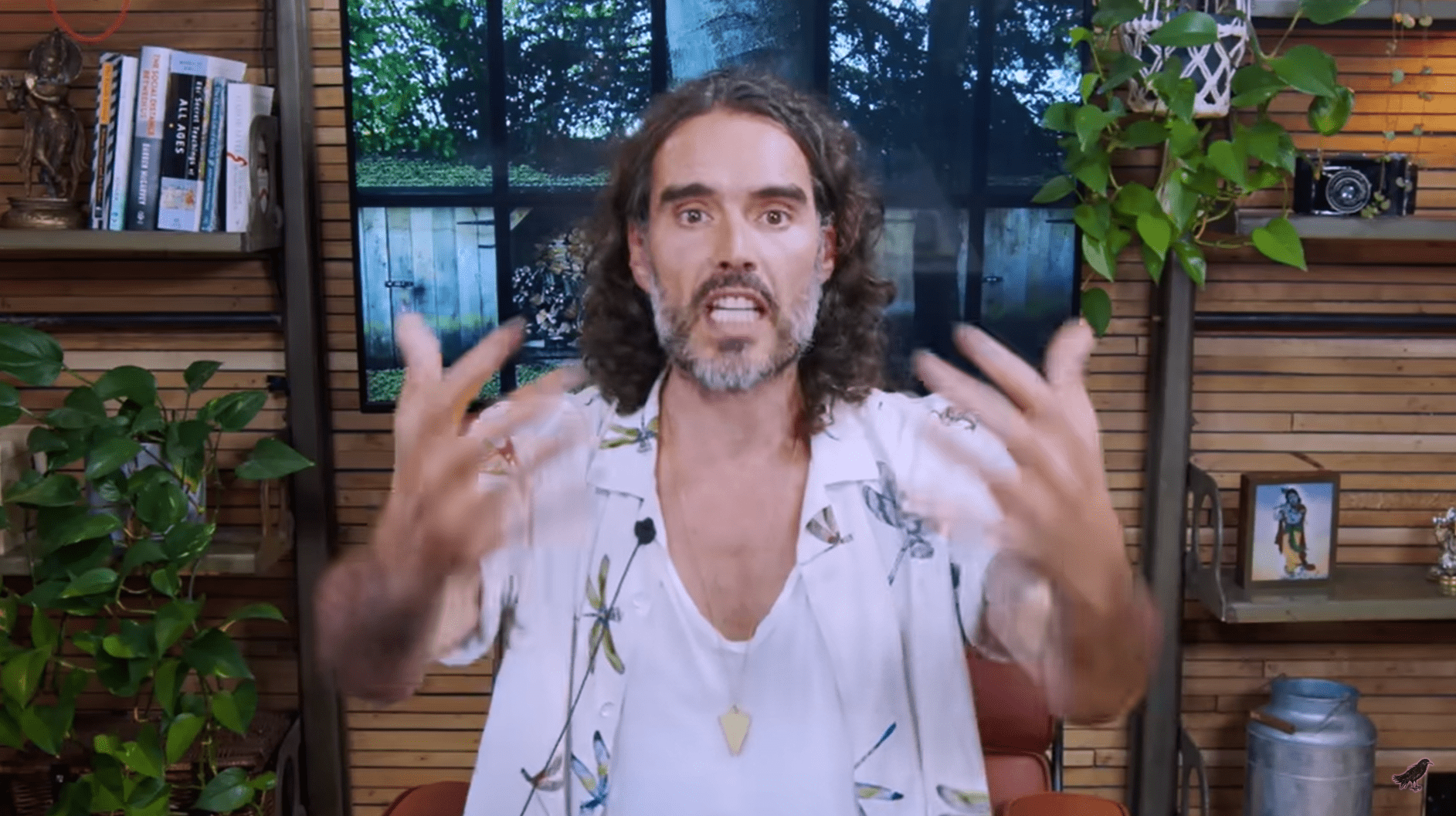 Russell Brand gesticulates looking defiant on his YouTube video