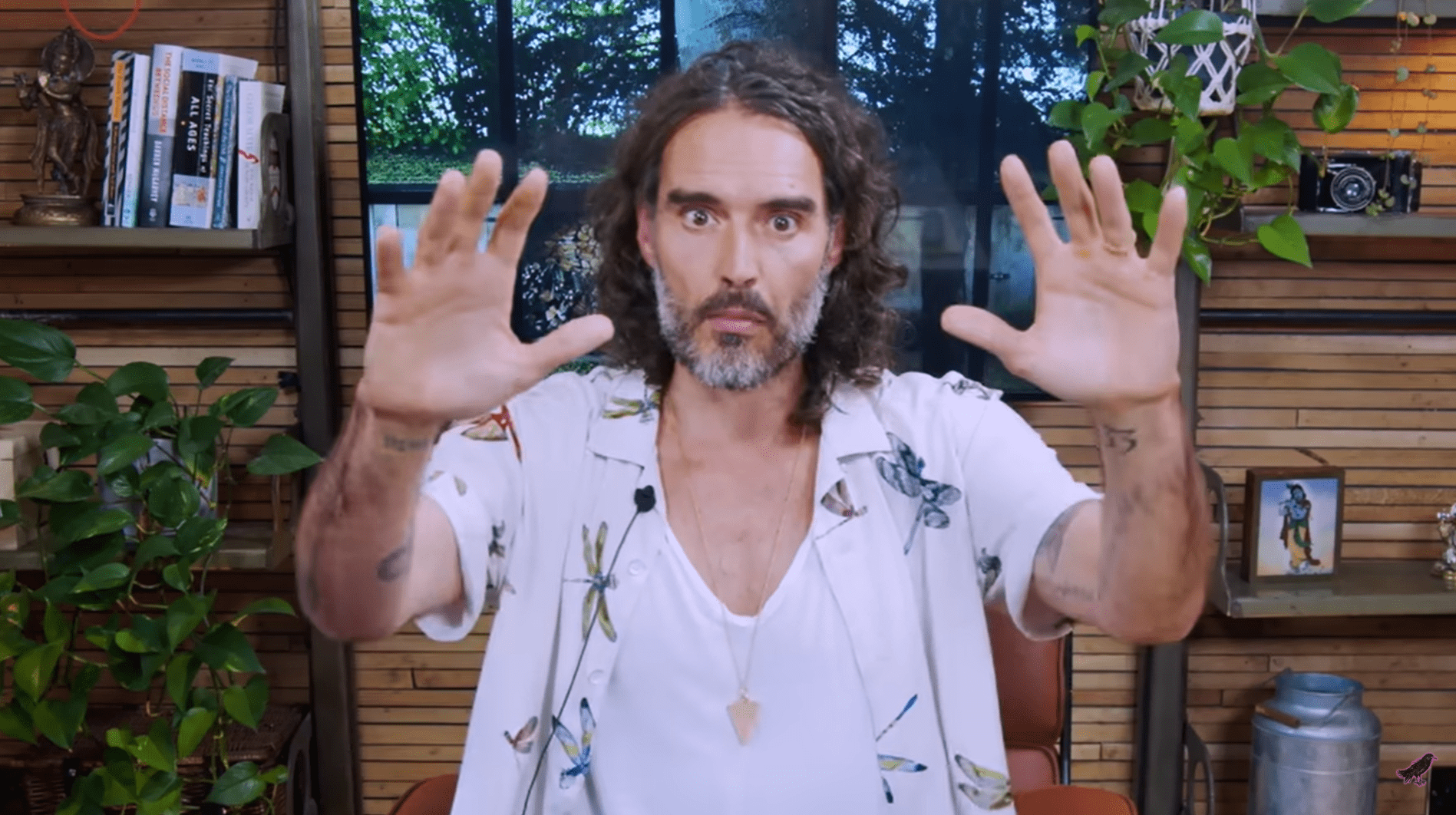 Russell Brand gesticulates looking defiant on his YouTube video
