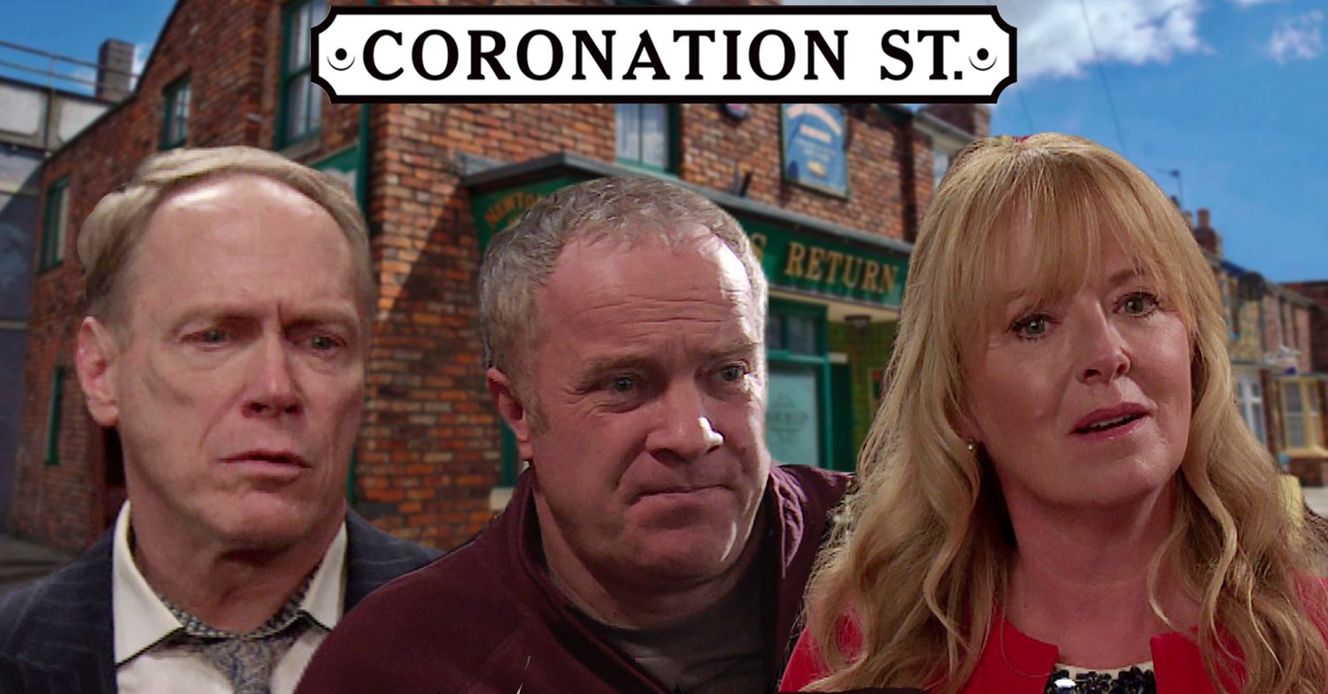 Coronation Street's Stephen, Teddy, Jenny, the Coronation Street logo and background of the Rovers