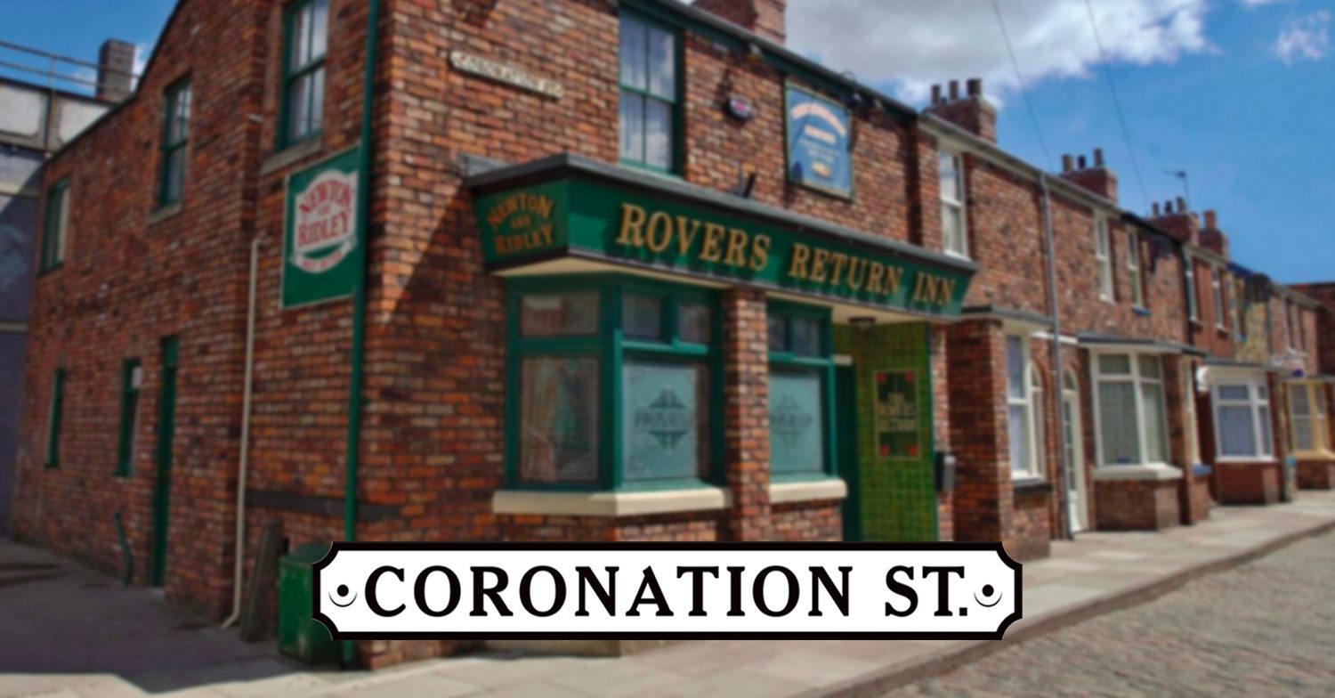 Coronation Street's logo with the background of the Rovers