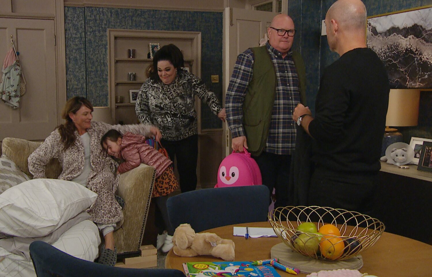 Emmerdale's Chas, Eve, Mandy, Paddy and Harry are in the back room of the pub