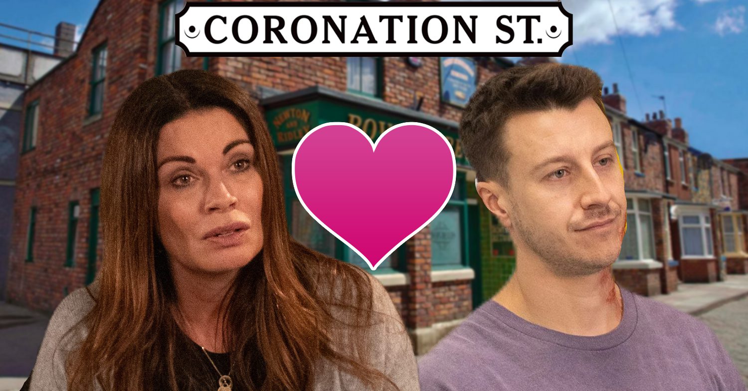 Coronation Street's Carla, Ryan, a pink heart, the Coronation Street logo and the background of the Rovers