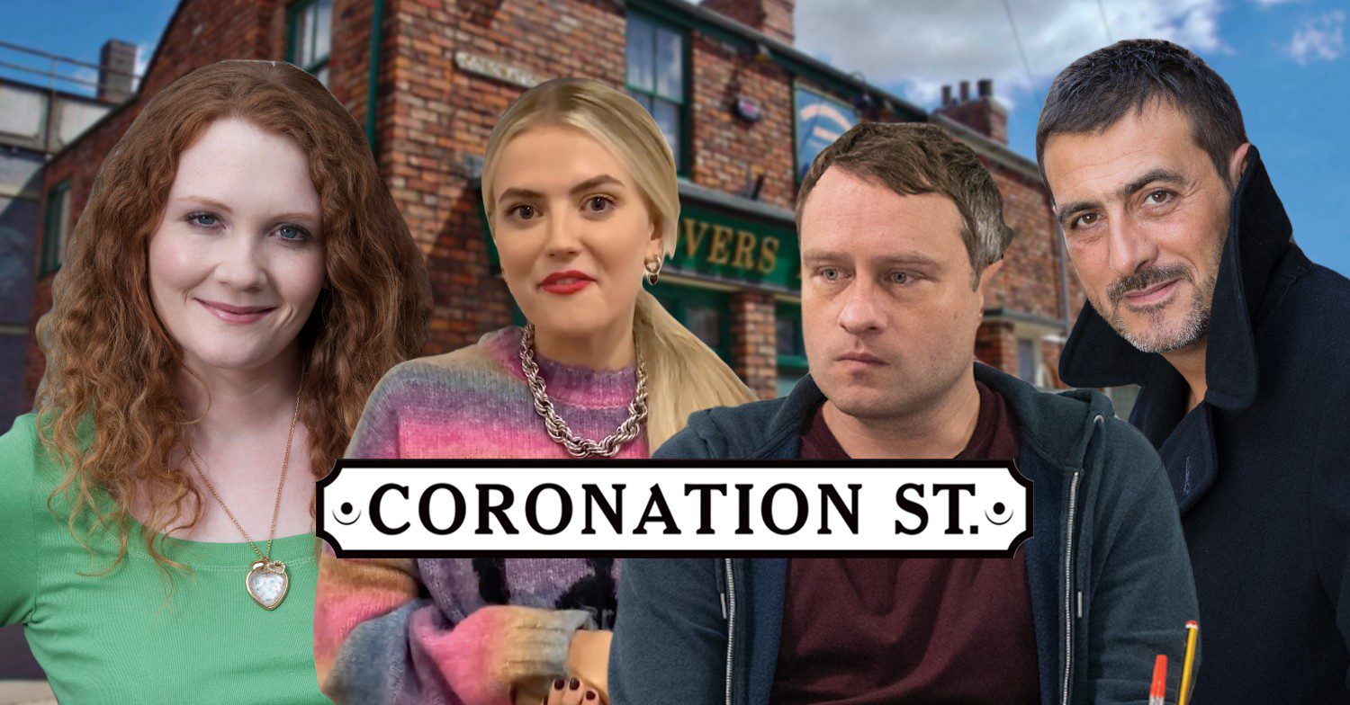 Fiz, Bethany, Paul and Peter on a Coronation Street background
