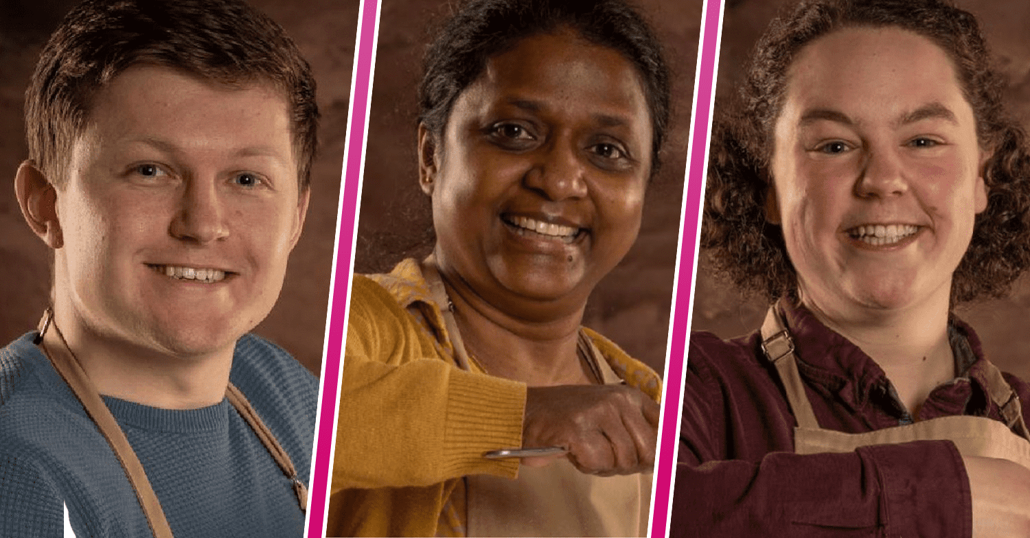 Three Bake Off contestants in their aprons