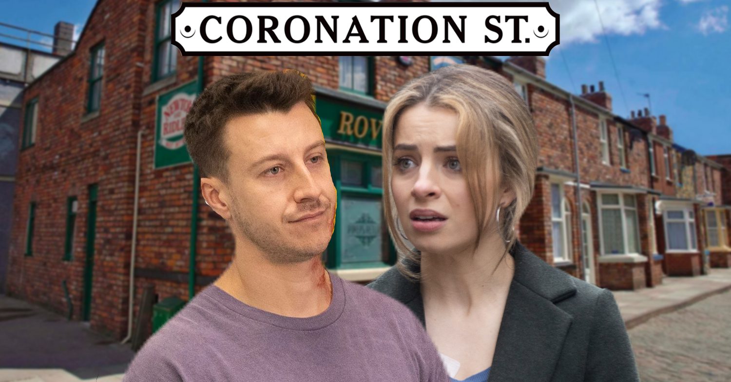 Coronation Street's Ryan, Daisy, the Coronation Street logo and background of the Rovers