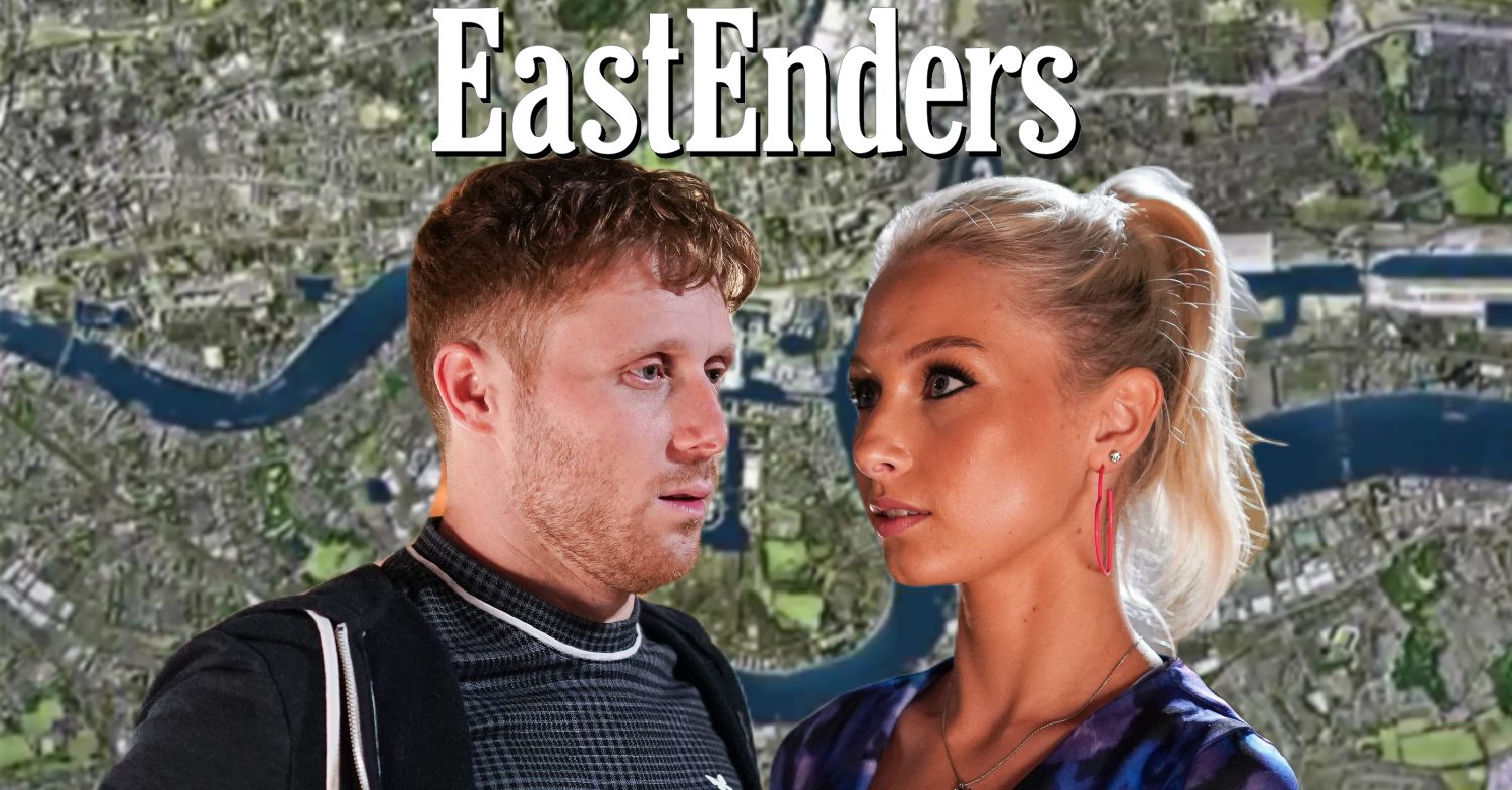 EastEnders' Jay, Nadine, the EastEnders logo and background of the Thames