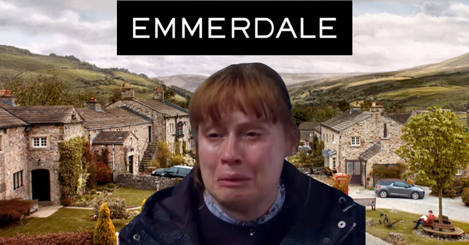 Emmerdale's Lydia crying, the Emmerdale logo and background of the Dales
