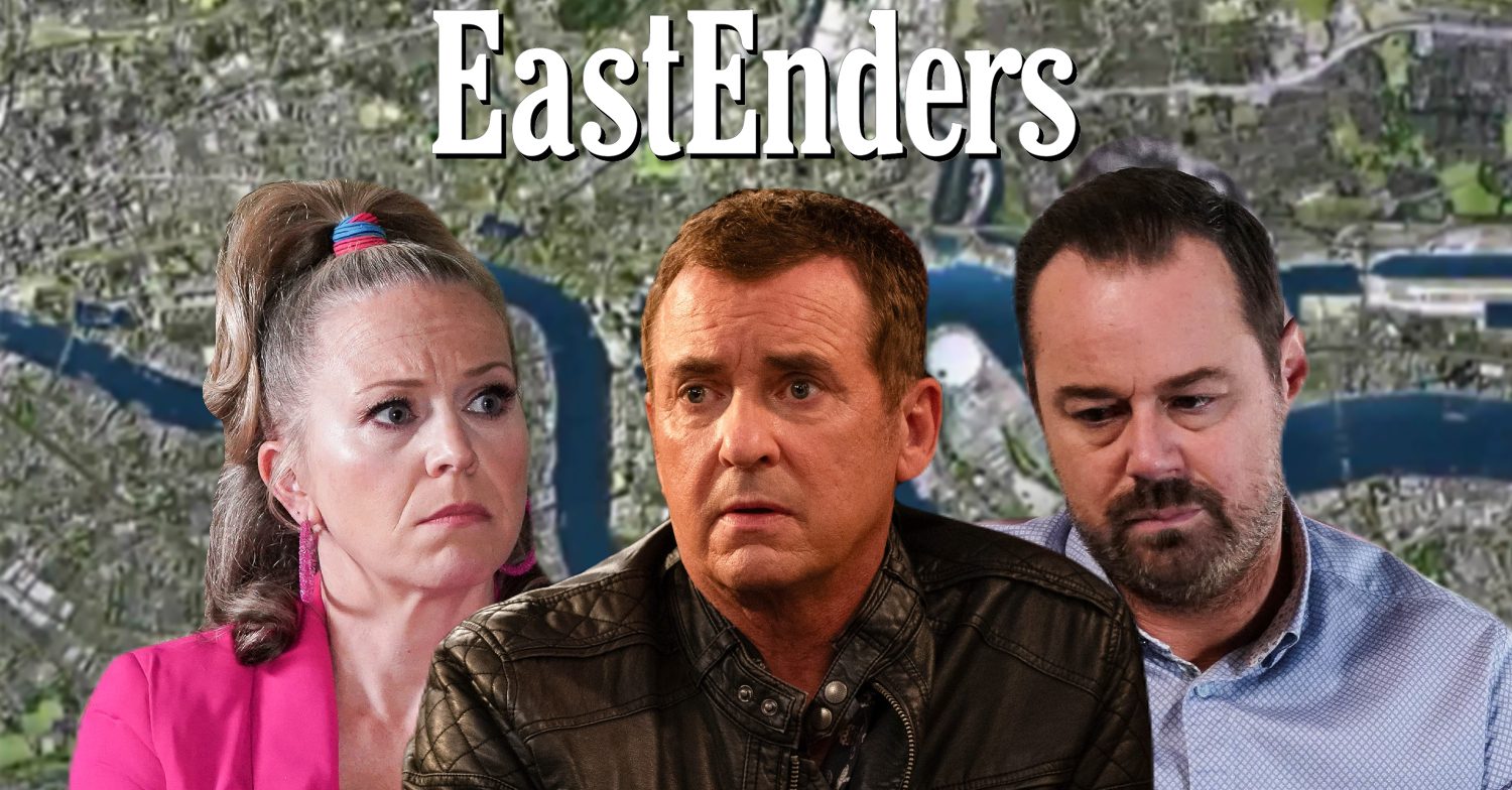 EastEnders' Linda, Alfie, Mick, the EastEnders logo and background of the Thames