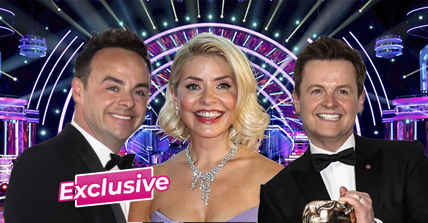 Ant and Dec and Holly Willoughby against the Strictly ballroom backdrop