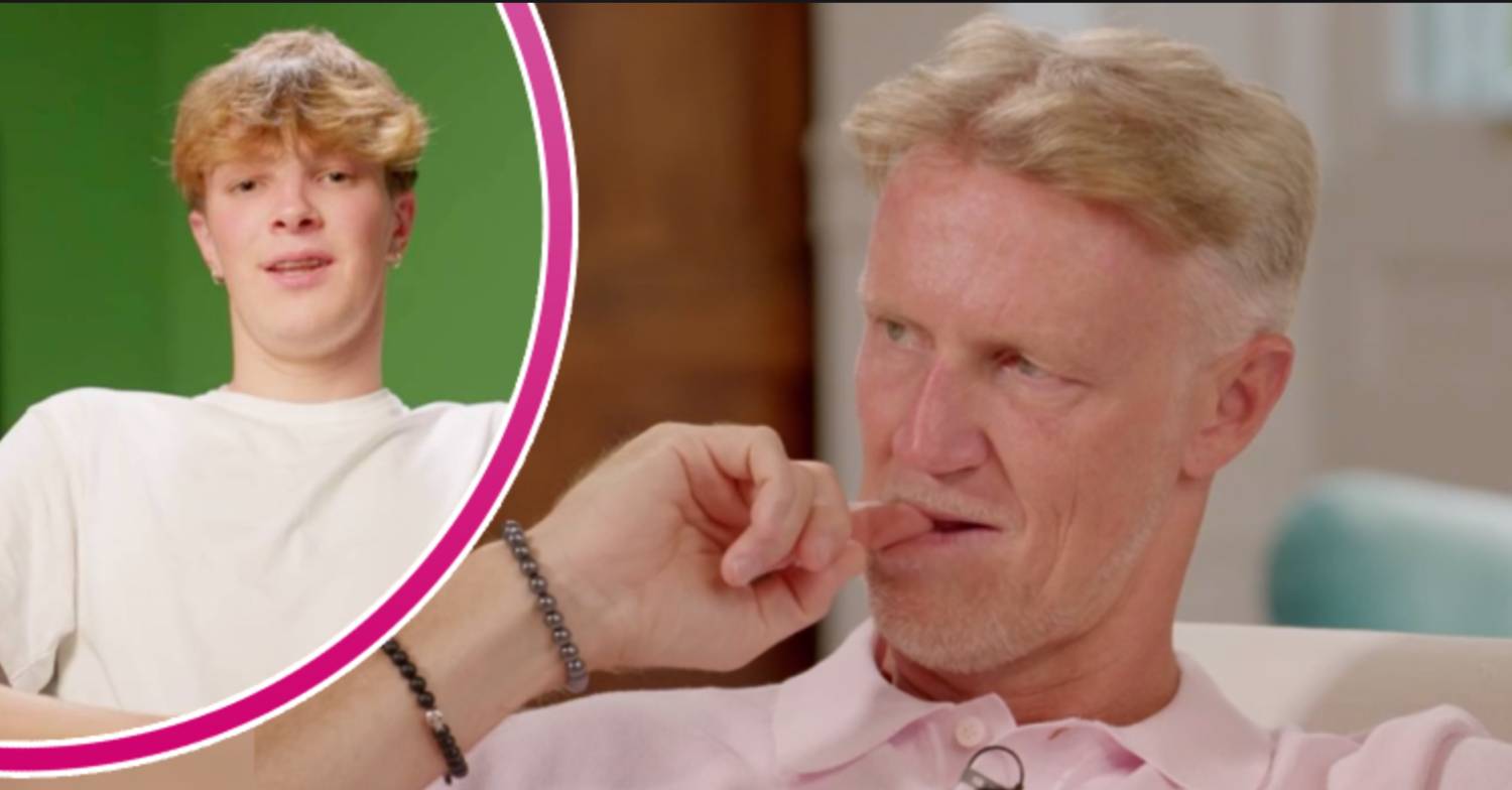 Luke speaks to camera, My Mum Your Dad cast member Martin M looks worried