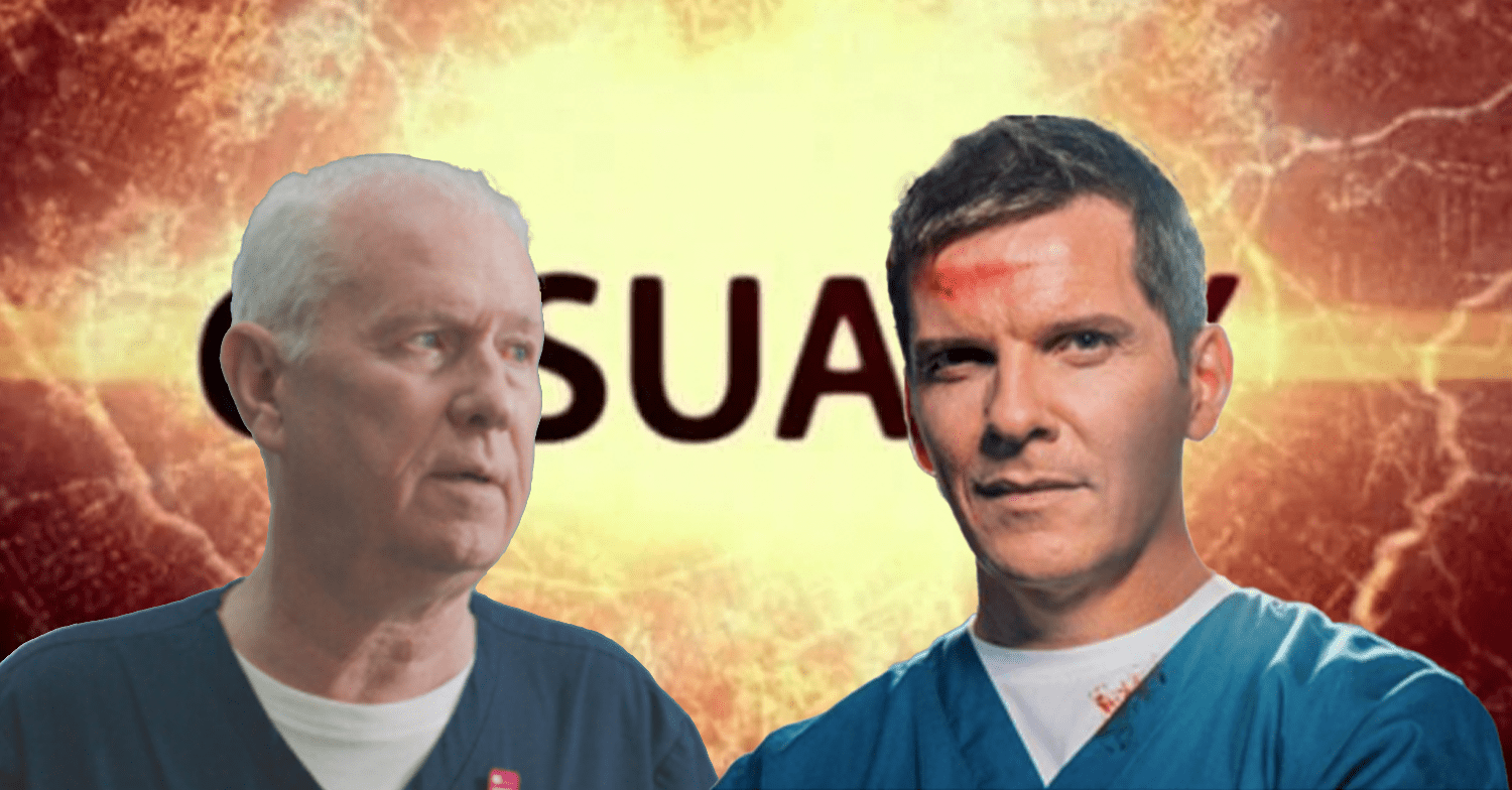 Two stars of Casualty in front of show logo