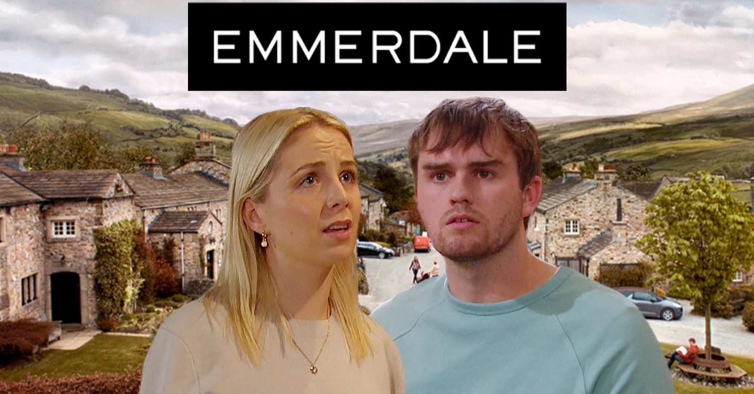 Emmerdale's Belle, Tom, the Emmerdale logo and background of the Dales