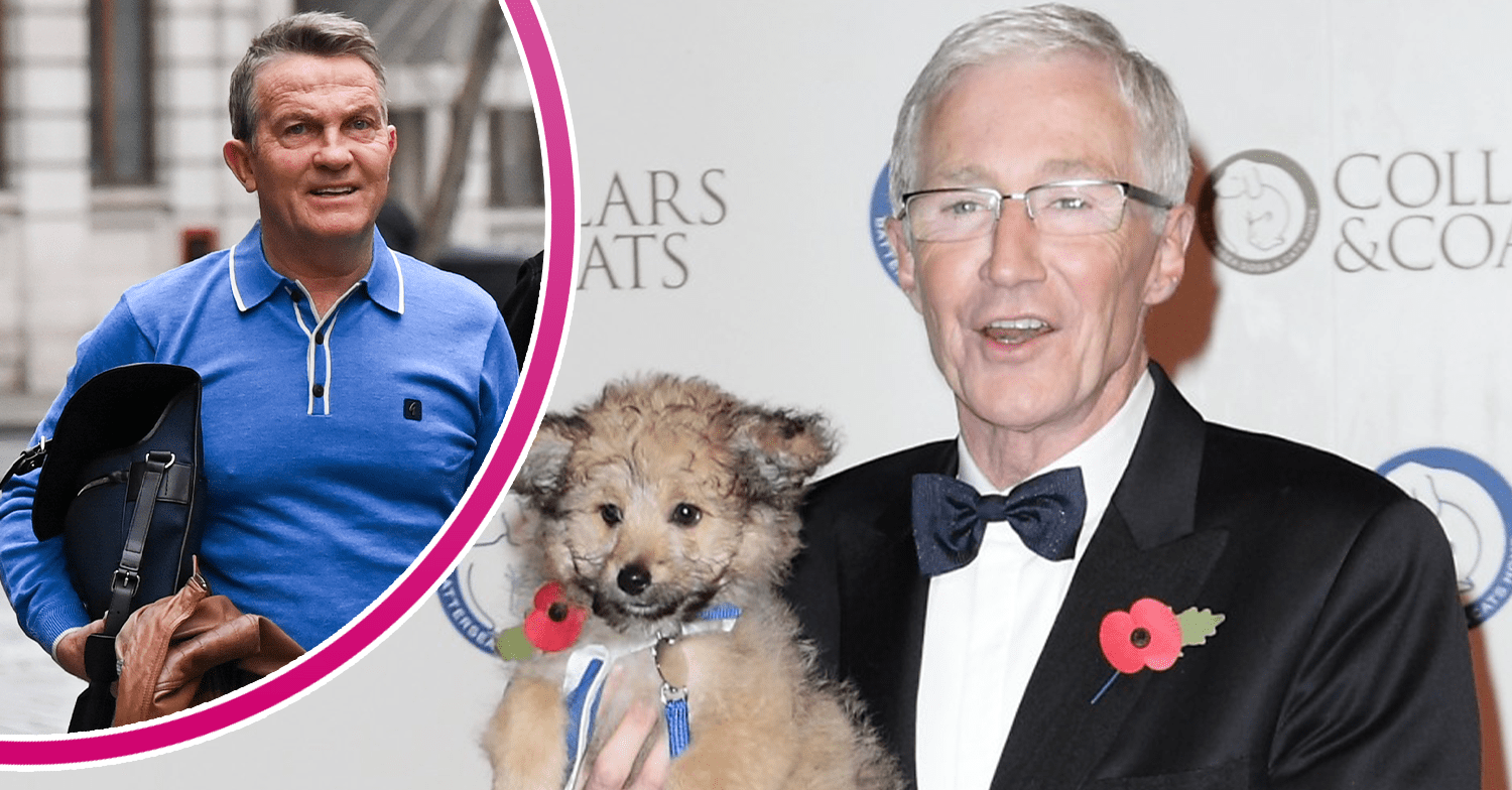 Paul O'Grady holding a dog and Bradley Walsh