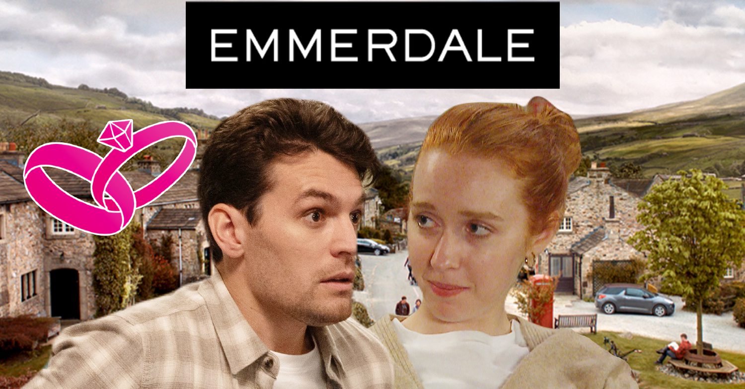 Emmerdale's Mack, Chloe, the Emmerdale logo, pink wedding rings and the background of the Dales