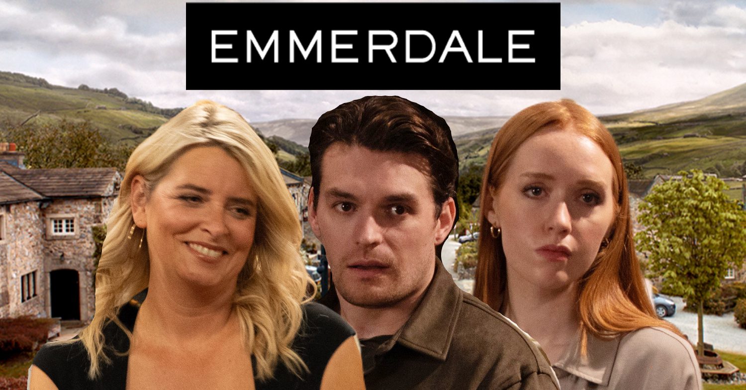 Emmerdale's Charity, Mack, Chloe, the Emmerdale logo and background of the Dales