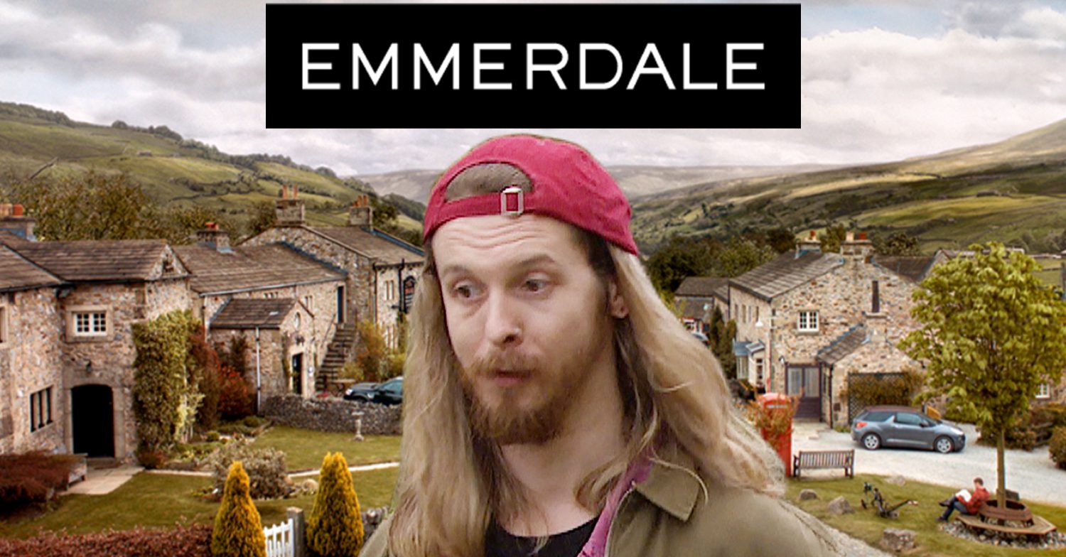 Emmerdale's Ryan, the Emmerdale logo and the background of the Dales