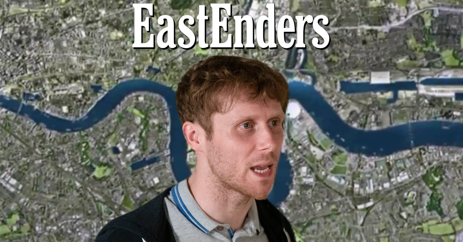 EastEnders' Jay, the EastEnders logo and the background of the Thames