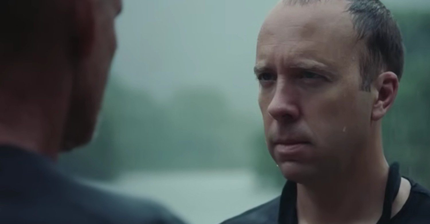 Matt Hancock looking sad in the rain on Celebrity SAS