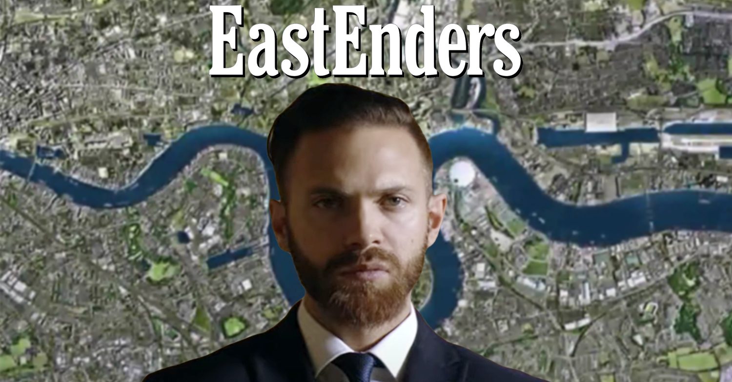 EastEnders' Dean, the EastEnders logo and background of the Thames