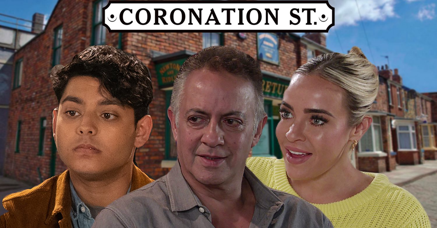 Coronation Street's Aadi, Dev, Courtney, the Coronation Street logo and background of the Rovers