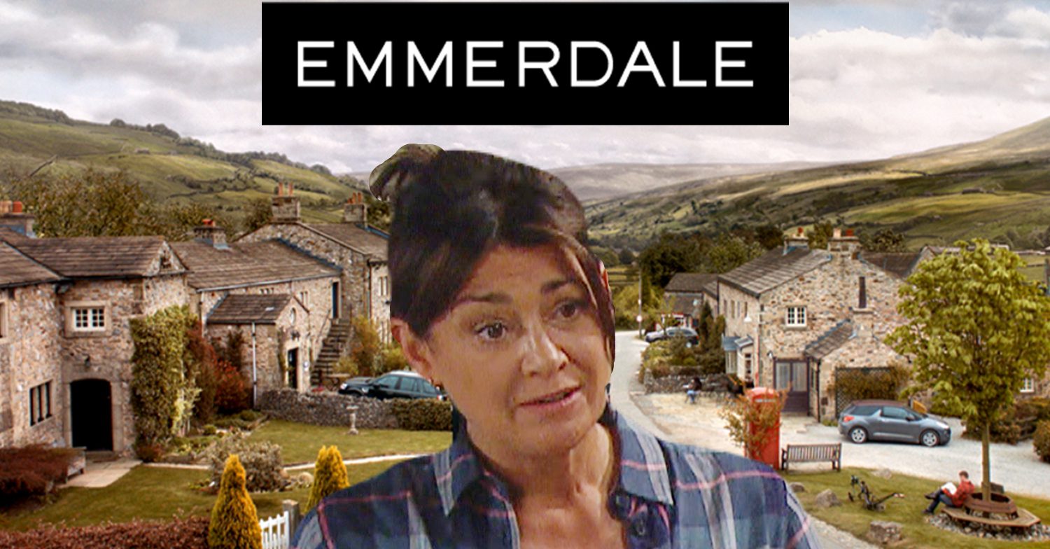 Emmerdale's Moira, the Emmerdale logo and background of the Dales