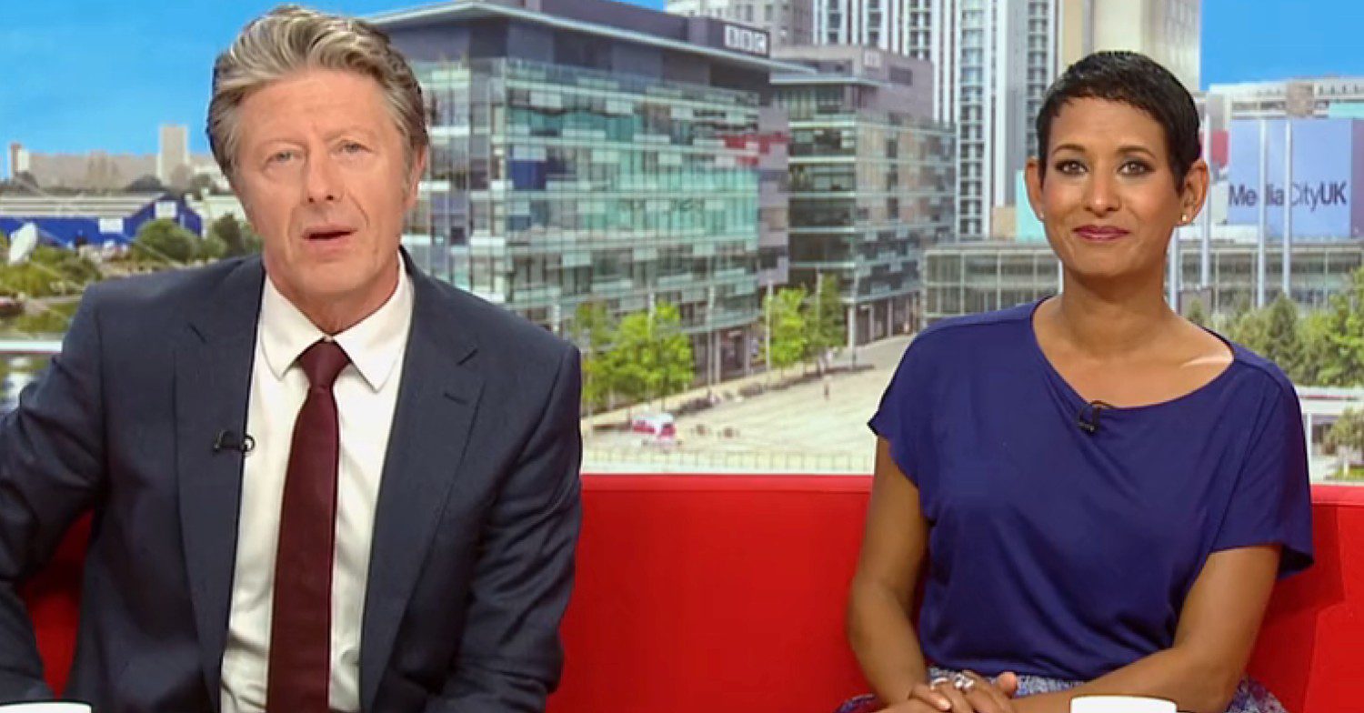 Naga Munchetty and Charlie Stay sat talking to the camera on BBC Breakfast