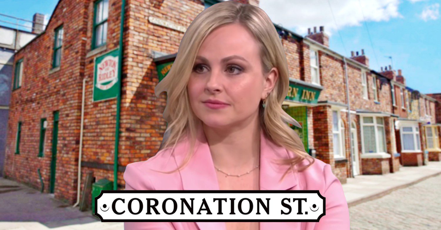 Tina O' Brien smiling in an interview - inset, soap logo and Rovers background (Credit: ITV/YouTube/Composite: ED!)