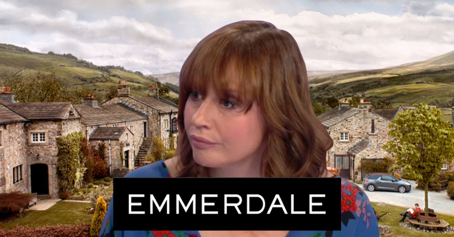 Karen Block listening intently in TV interview; inset, Emmerdale village and logo (Credit: ITV/YouTube/Composite: ED!)