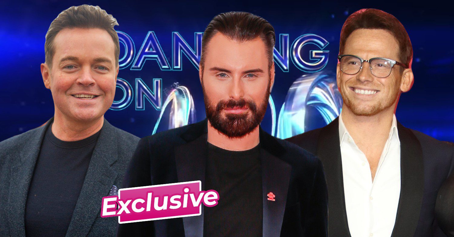 Dancing On Ice logo and Stephen Mulhern, Rylan Clark and Joe Swash