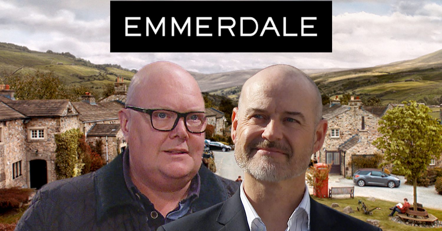 Emmerdale's Paddy, Harry, the Emmerdale logo and background of the Dales