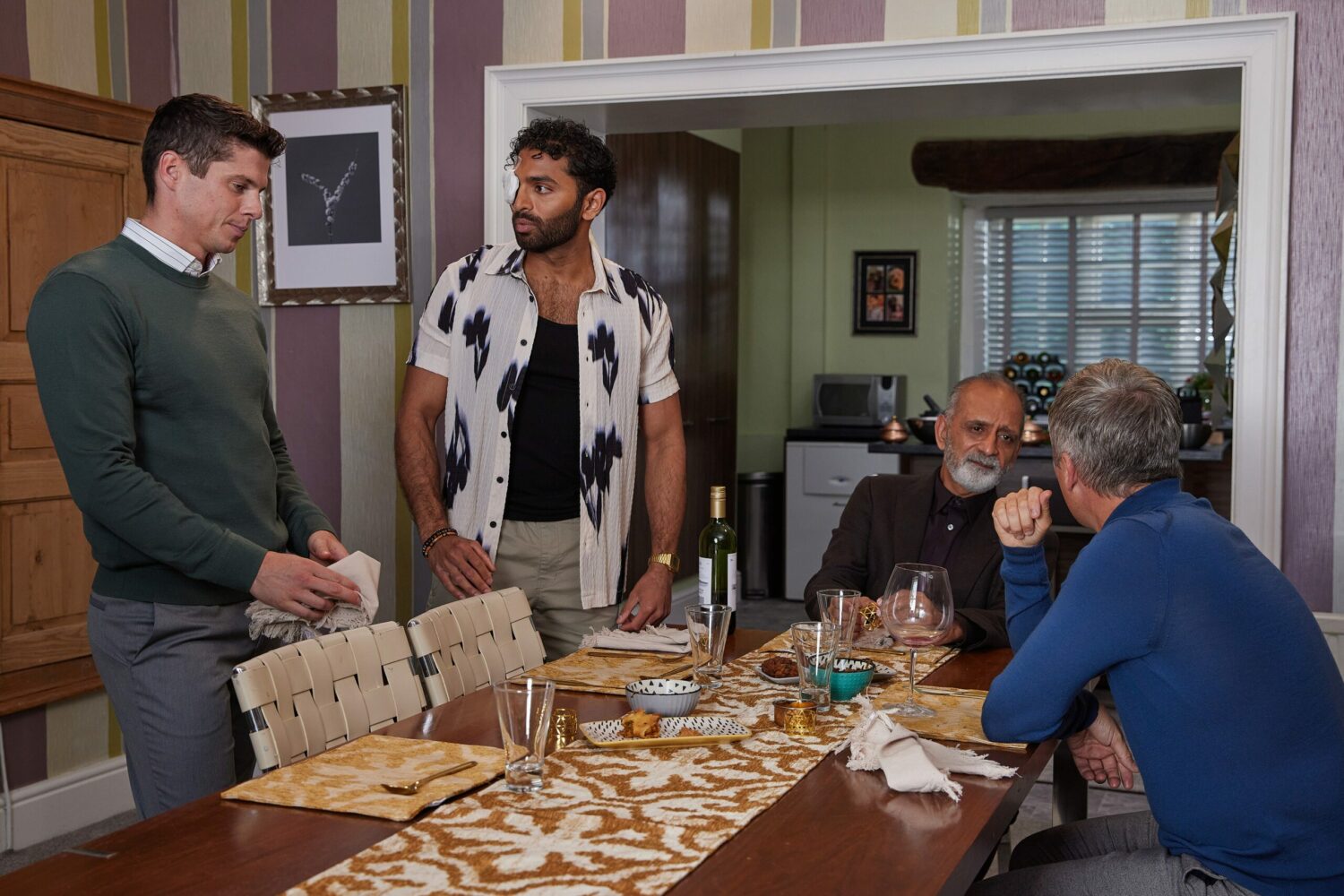 Emmerdale's Nicky, Suni, Amit and Caleb are having dinner together