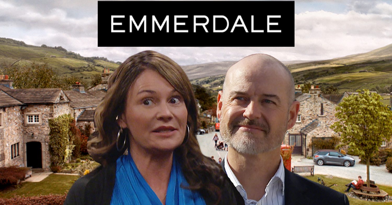 Emmerdale's Chas, Harry, the Emmerdale logo and background of the Dales